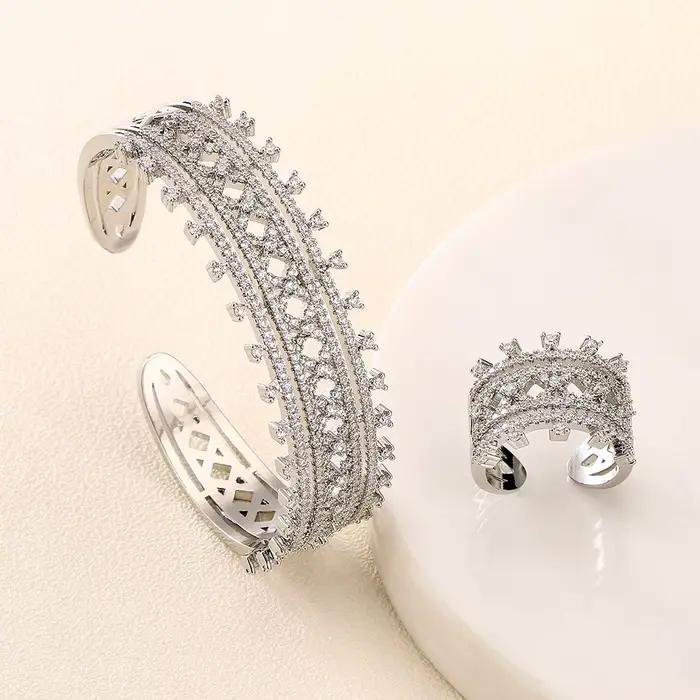 ZAKOL luxe brillant AAA Zircon Bracelet bague ensemble pour les femmes réglable ouvert Bracelet ensembles de bijoux de mariage accessoires de fête