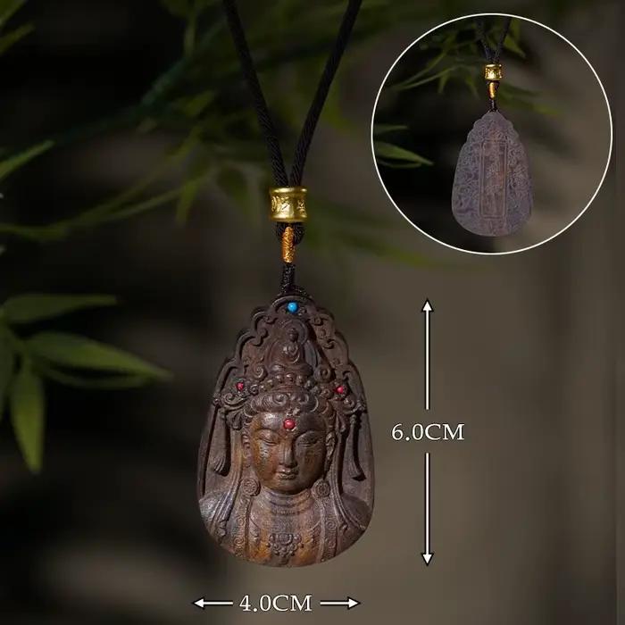 Collier pendentif Guanyin en bois d'agar sculpté pour hommes et femmes, amulette de paix et de bénéd