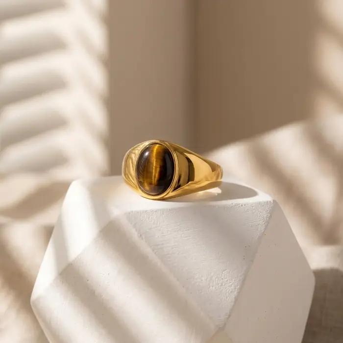 Bague Chevalière Œil de Tigre Style Maillard pour Femme
