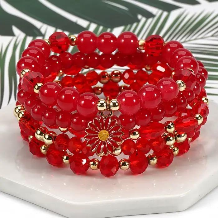 Bracelets bohémiens ornés de breloques marguerites et perles de cristal colorées pour femmes, accessoire de bijouterie de main pour l'été et la plage, chaînes de poignet style bohème