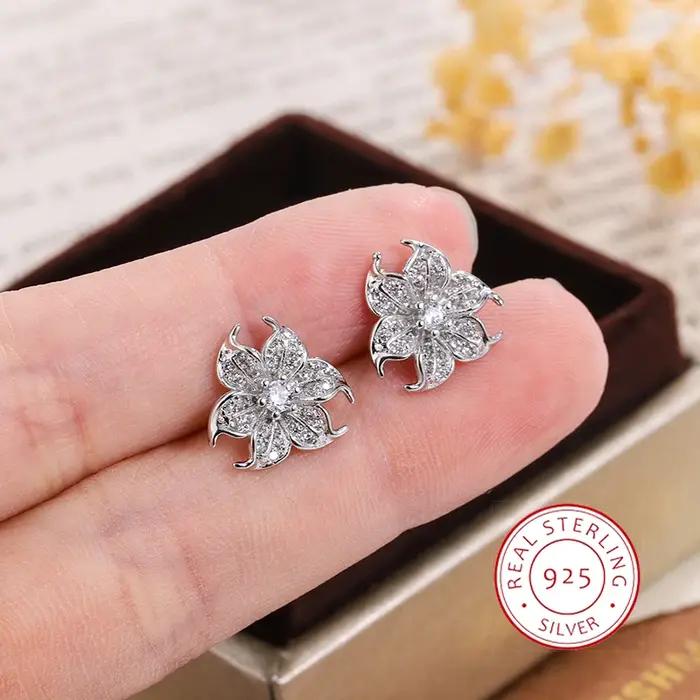 Charmante fleur 925 argent plaqué boucle d'oreille pour les femmes pavé brillant clair CZ mariage fi