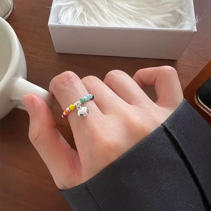 Bague Anenjery carrée cœur couleur arc-en-ciel perlée bague de cocktail femme à la mode tracker d'humeur pour occasions sociales élégante à offrir