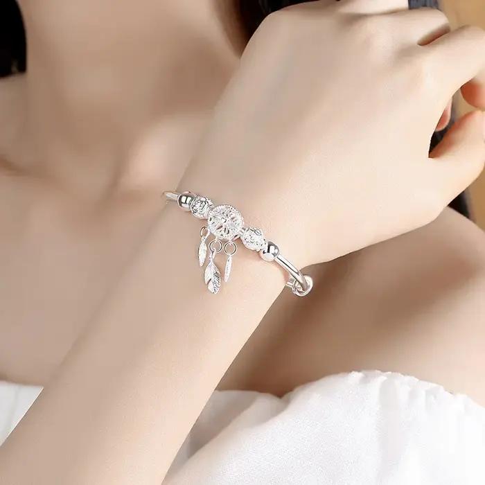 Bracelet en argent Sterling 925 attrape-rêves pompon plume perle ronde pour femmes occasions spéciales cadeau de mariage