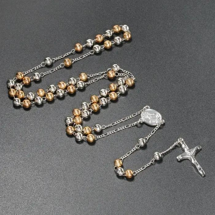 Chapelet catholique pendentif colliers pour femmes 6MM perles chaîne Crucifix croix Long collier hommes religieux Praye bijoux