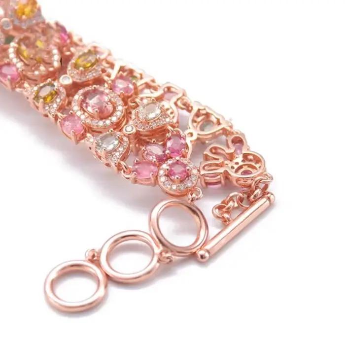 Ensemble de bracelet et bague en zircon multicolores de couleur or rose luxueux pour femmes et filles, accessoire de mariage élégant