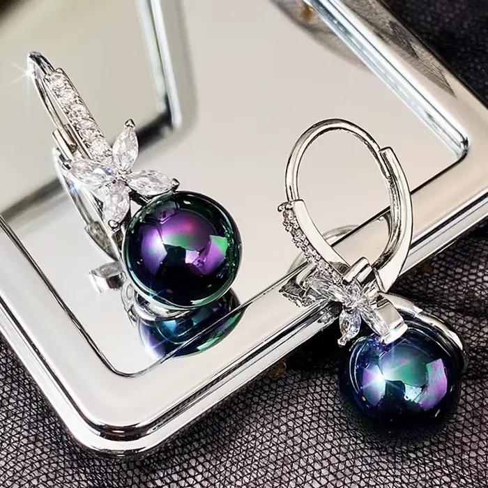 Boucles d'oreilles de luxe en perles noires/violetes pour femmes, en argent Sterling 925 massif, Cube en zircone cubique, crochet d'oreille, bijoux de mariage