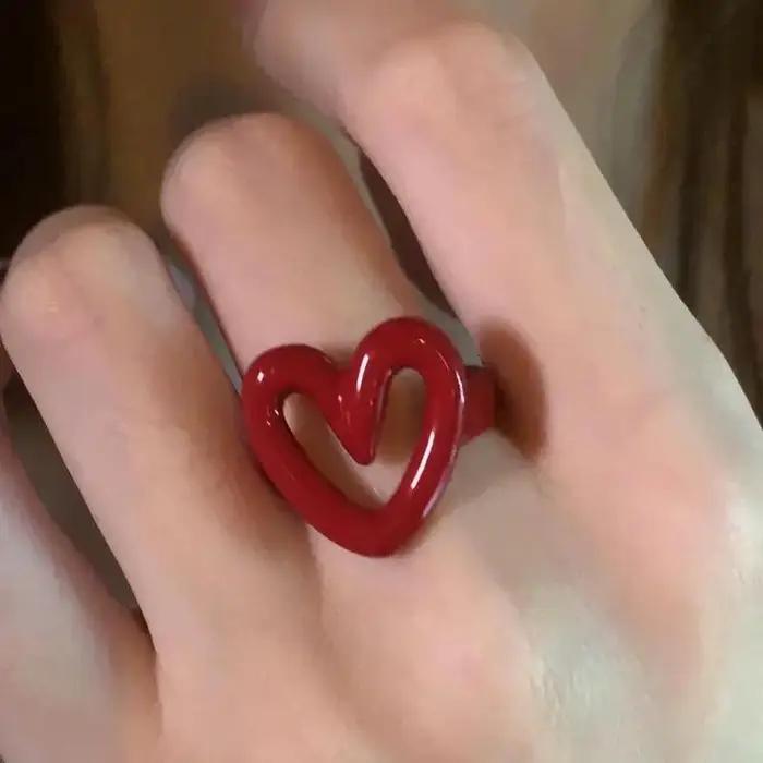 Hiphop Punk rouge émail coeur amour anneaux pour femmes mode géométrique ouvert dégoulinant huile anneau Y2K été Couple bijoux cadeaux