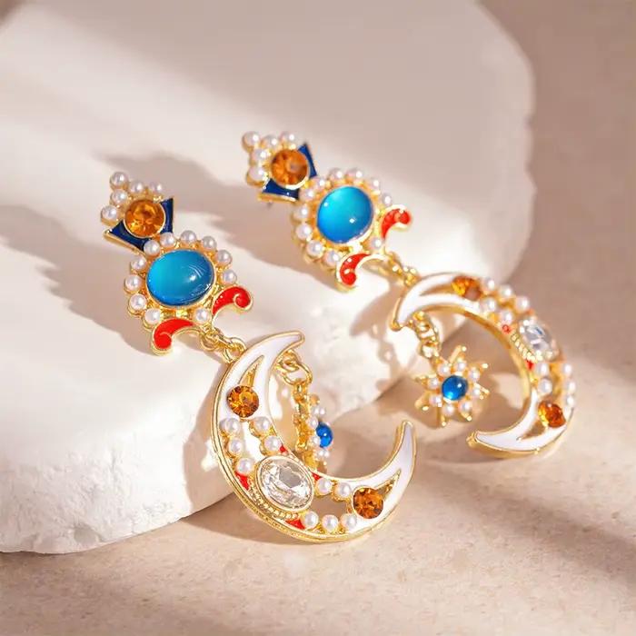 Bohême asymétrique opale soleil lune boucles d'oreilles baroque longue boucle d'oreille pour femme fille mode bijoux femme Streetwear clous d'oreille