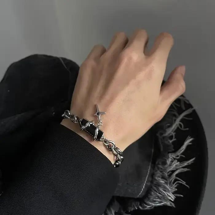 Bracelet en acier inoxydable chaîne maillons motif géométrique rétro style punk pour hommes et femmes