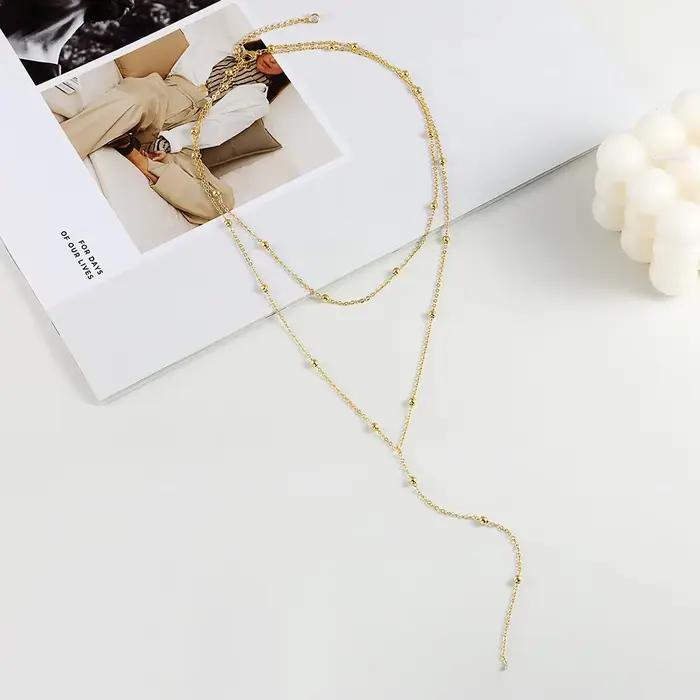 Collier long délicat plaqué or 14 carats avec pendentif Y couches de perles cz bijou acier inoxydable pour femmes occasions spéciales