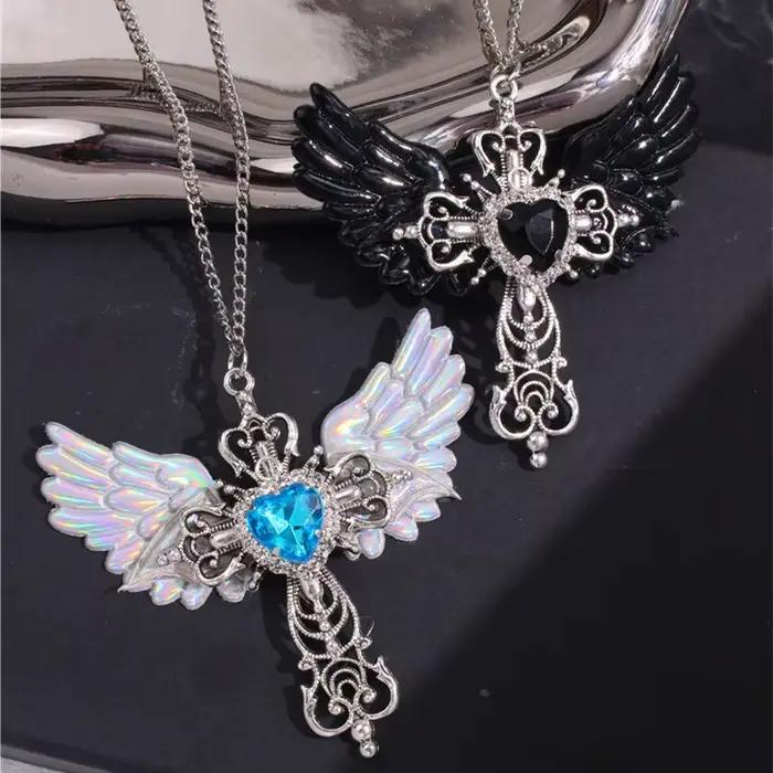 Collier ras du cou Y2K en cristal en forme de cœur, style punk, pour femme, accessoire sexy gothique à la mode coréenne, avec pendentif ailes et croix
