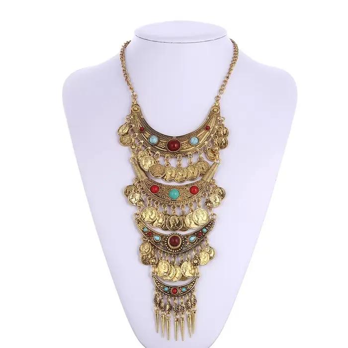 Collier multilaye vintage à la mode pour femmes, long, bohème, géométrique, plaqué argent antique et or antique pour les occasions spéciales