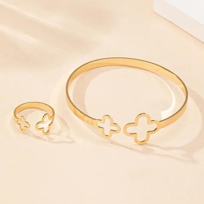 Ensemble de bijoux pour femmes : Bracelet et bague Fleur porte-bonheur