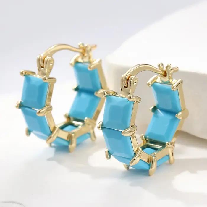 Boucles d'oreilles classiques à carreaux Turquoise pour femmes, Vintage, élégantes, plaquées or, accessoires de bijoux, cadeaux de fête exquis