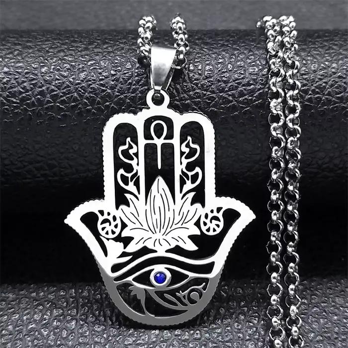 Collier Hamsa Main de Fatima Annie Fleur Oeil d'Horus pour Femme, Acier Inoxydable, Document Argent,
