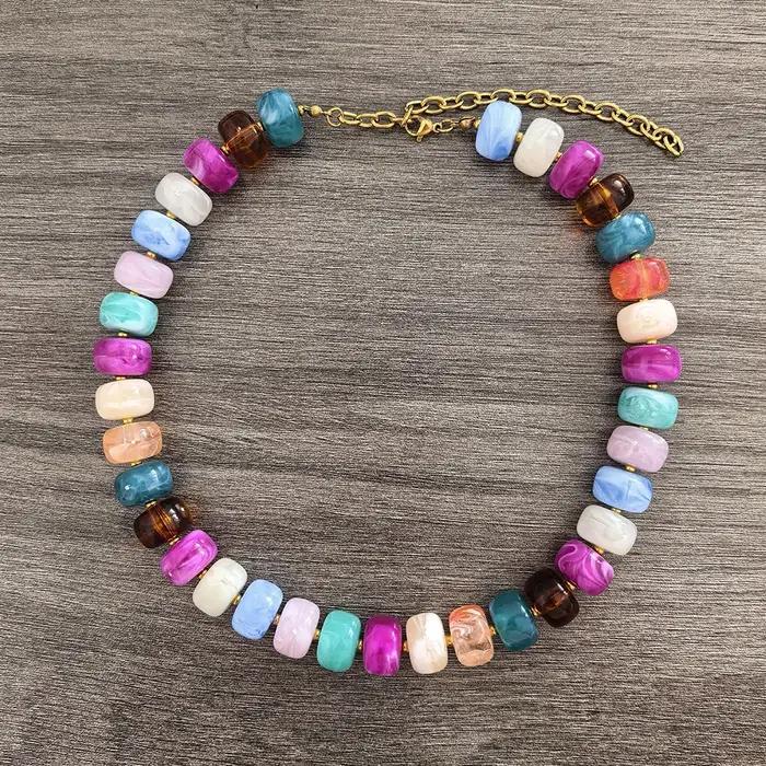 Collier ras du cou rond en résine pour femme, couleur or PVD, perles baril, grand acier inoxydable,