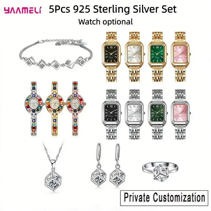 Ensemble de bijoux de luxe en argent sterling 925 avec collier, boucles d'oreilles et montre en cristal de zircon géométrique pour femmes et hommes, idéal pour les fiançailles, les fêtes et comme cade