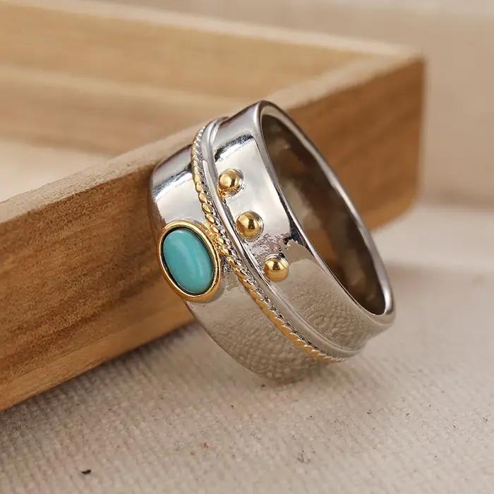 Bague polyvalente de style bohème incrustée de turquoise, bague ethnique vintage plaquée argent pour femme, bijoux de mode décontractés pour les fêtes