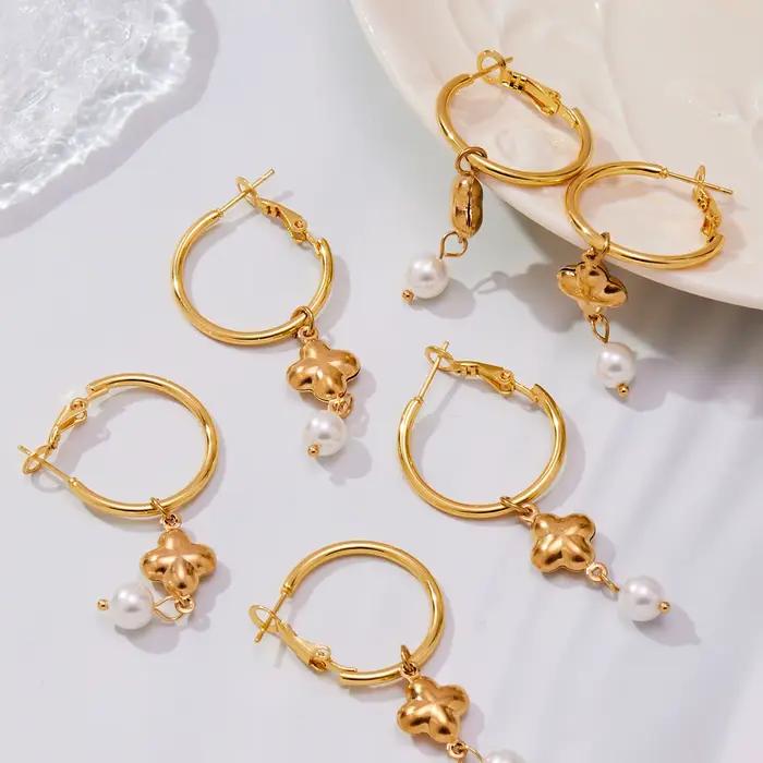 Liora Chic Imitation perle croix boucles d'oreilles pour femmes PVD plaqué or en acier inoxydable hypoallergénique boucles d'oreilles bijoux
