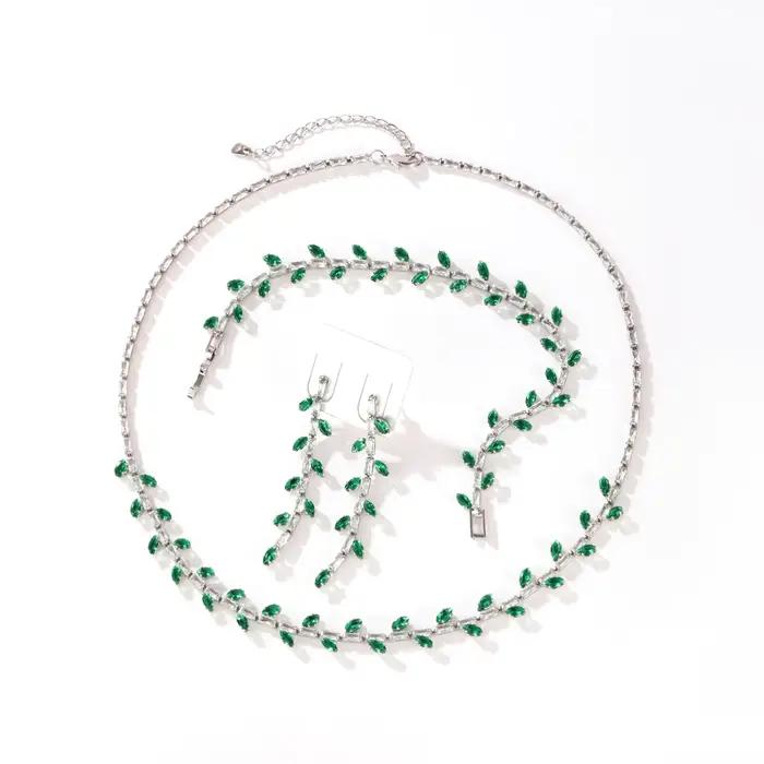 Parure de bijoux de mariage élégante pour femme, avec feuilles en zircon cubique vert et blanc, coll