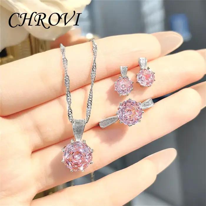 Collier pendentif en argent sterling 925 de luxe léger, design rose avec diamants colorés, boucles d'oreilles et bague assorties en pierres précieuses
