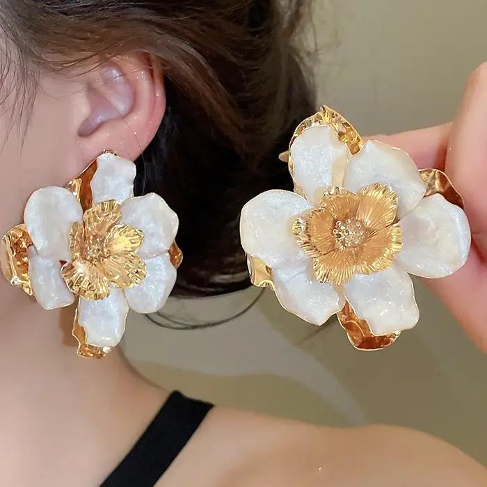 Boucles d'oreilles pendantes Minar en émail couleur bonbon, métalliques, multicouches, grandes fleurs, pour femmes, bijoux en alliage de fer plaqué or