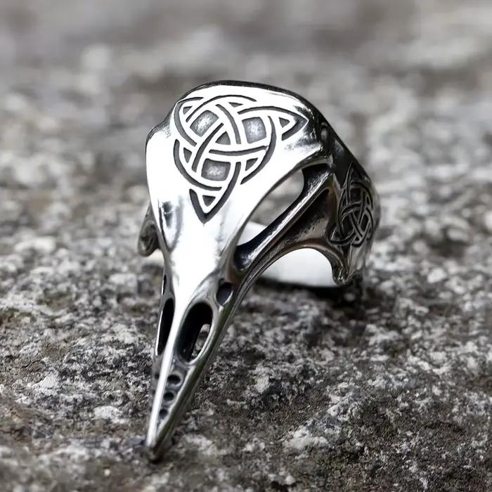 Bague Totem Vintage à nœud celtique pour hommes, mythologie nordique, guerrier Viking, tête de corbe