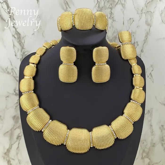 Ensemble de bijoux ronds italiens épais plaqués or de dubaï, collier ras du cou, boucles d'oreilles pendantes, Bracelet, bague, cadeau de fête de mariage de mariée africaine