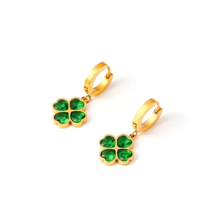 Trèfle vert boucle d'oreille Bracelet collier pour femmes en acier inoxydable plaqué or 18 carats