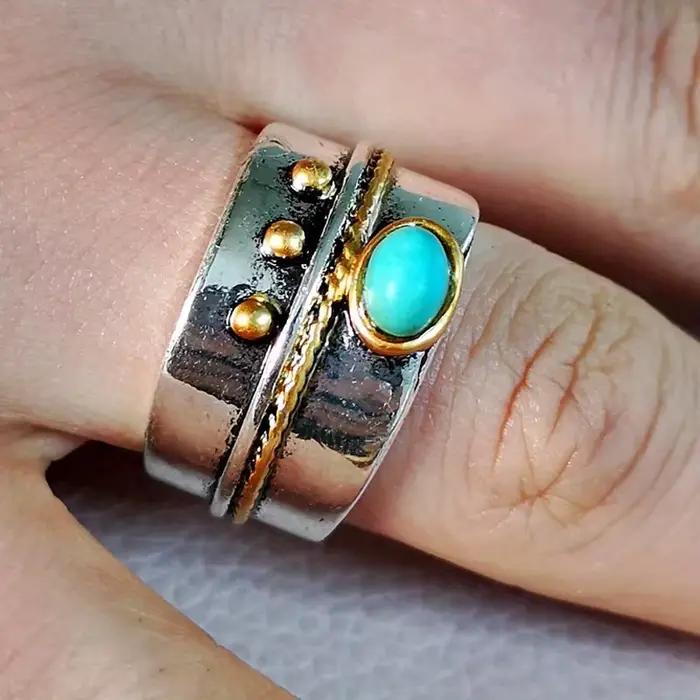 Bague polyvalente de style bohème incrustée de turquoise, bague ethnique vintage plaquée argent pour femme, bijoux de mode décontractés pour les fêtes