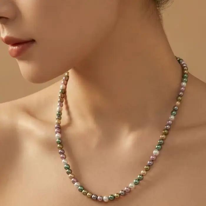 Collier Rétro Français de Niche en Tourmaline Couleur Bonbon, Chaîne Perlée Faite Main avec Perles d