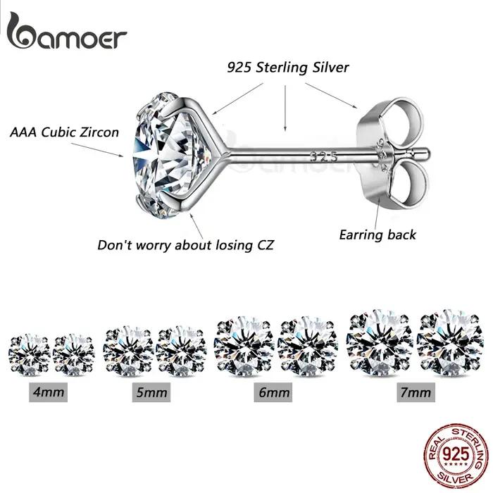 Bamoer CZ Boucles d'oreilles à tige en argent sterling 925 plaqué platine rond zircon cubique hypoallergénique