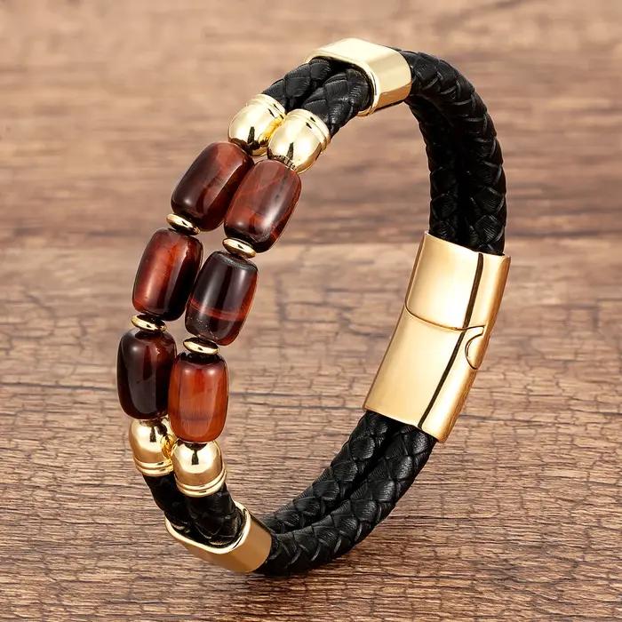 Bracelet en pierre naturelle œil de tigre en cuir tressé à la mode pour hommes et femmes occasions spéciales