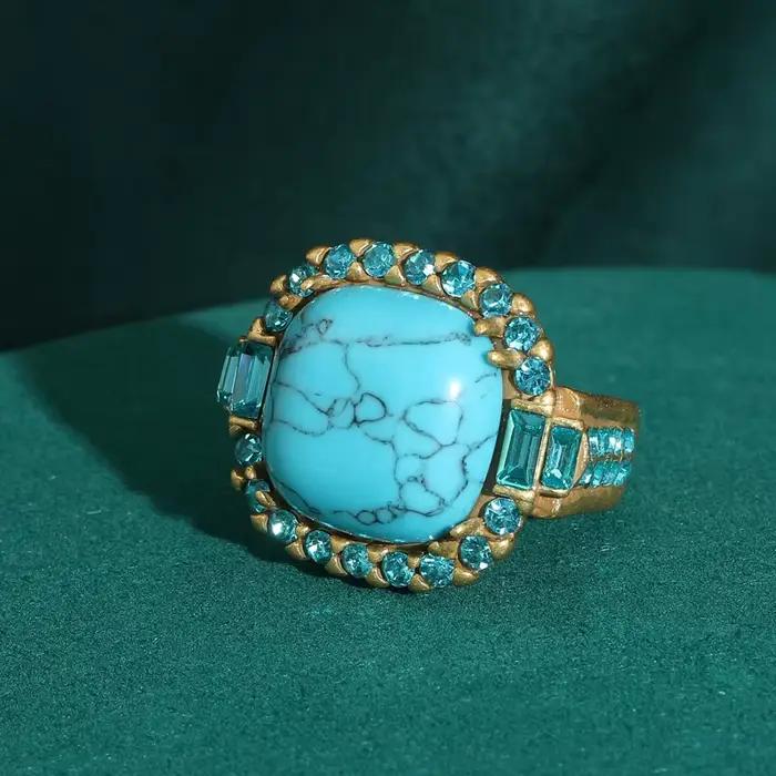 Bague Turquoise Art Déco vintage | Plaqué or 18 carats et cuivre | Conception de pierre sertie de broches