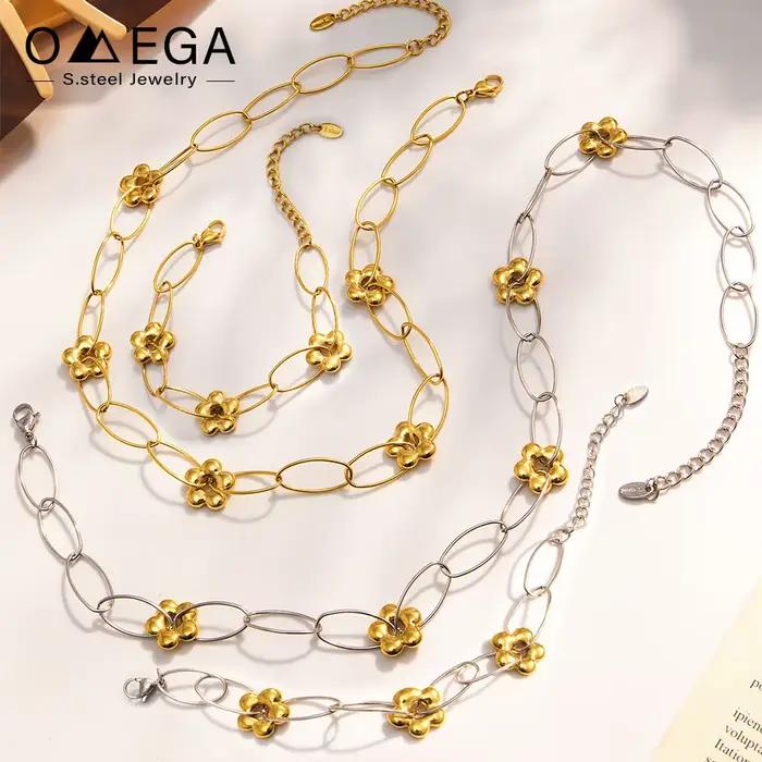 Ensemble de bijoux en acier inoxydable Marka plaqué or pour femmes occasions spéciales collier bracelet chaîne à fleurs