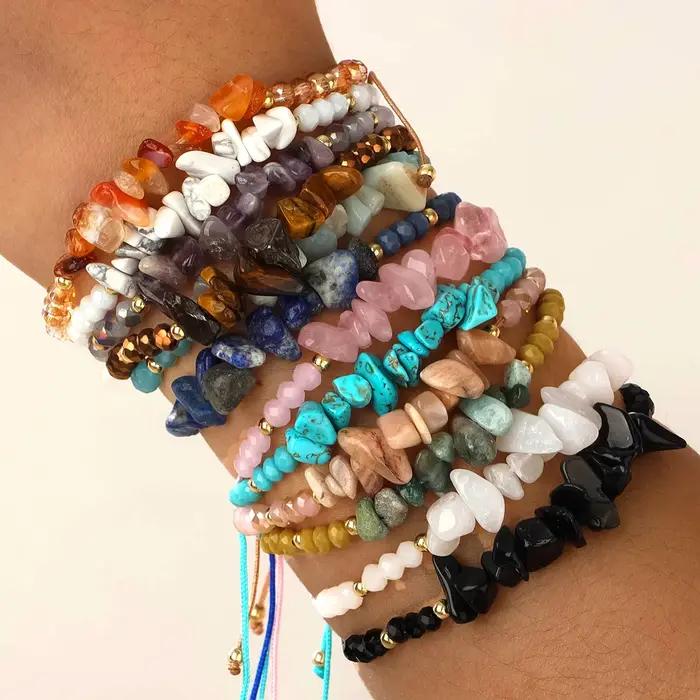 Ensemble de bracelets extensibles tissés en pierre naturelle irrégulière
