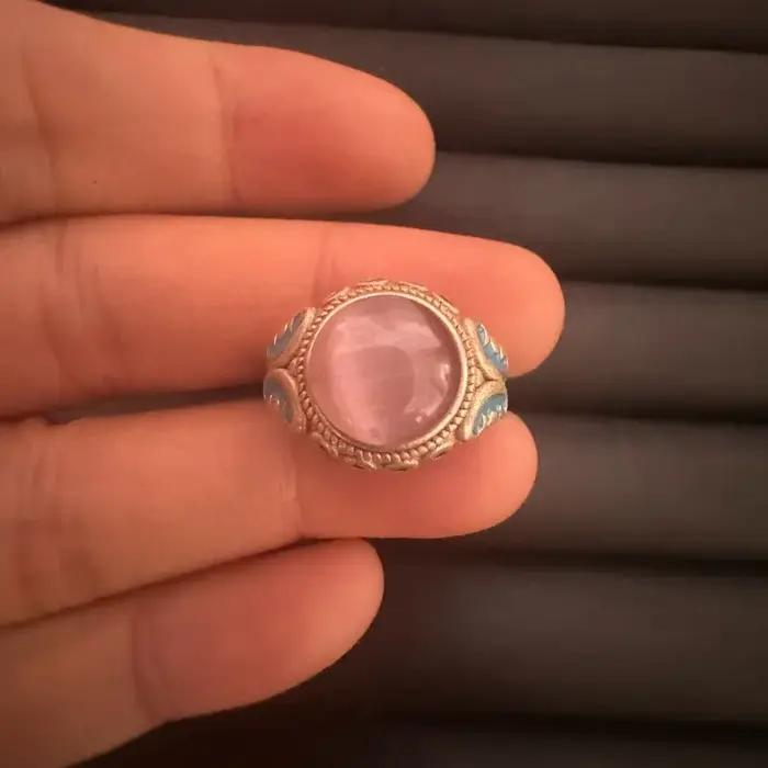 Bague en pierre œil-de-chat rose cloisonné, style ethnique unisexe, incrustation argentée, bijou de doigt rétro tendance