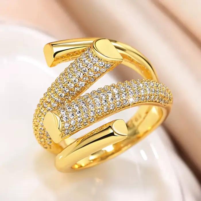 Bague Huitan en forme d'hyperbole géométrique couleur or, luxueuse, pavée de zircons étincelants, pour usage quotidien, soirée, mode polyvalente, bijoux pour femmes