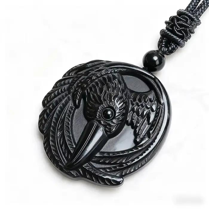 Collier pendentif corbeau en obsidienne véritable