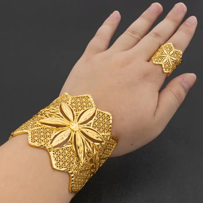 Ensemble de bijoux de luxe arabe plaqué or pour femmes, grand Bracelet en cuivre, Design de bague réglable, bijoux de mariage à la mode