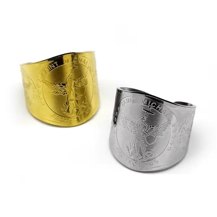 Bague Saint Michel ajustable en acier inoxydable plaqué or pour femmes et hommes, protection divine, bijou pour occasions spéciales