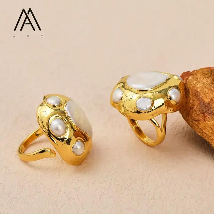 Bague en perle baroque plaquée or réglable pour femmes occasions spéciales engagement soirée mariage anniversaire unique