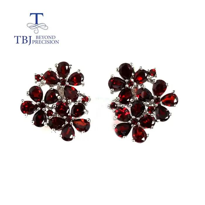 Boucles d'oreilles pendantes en argent sterling 925 avec grenat rouge naturel forme fleur pour femme élégante et raffinée