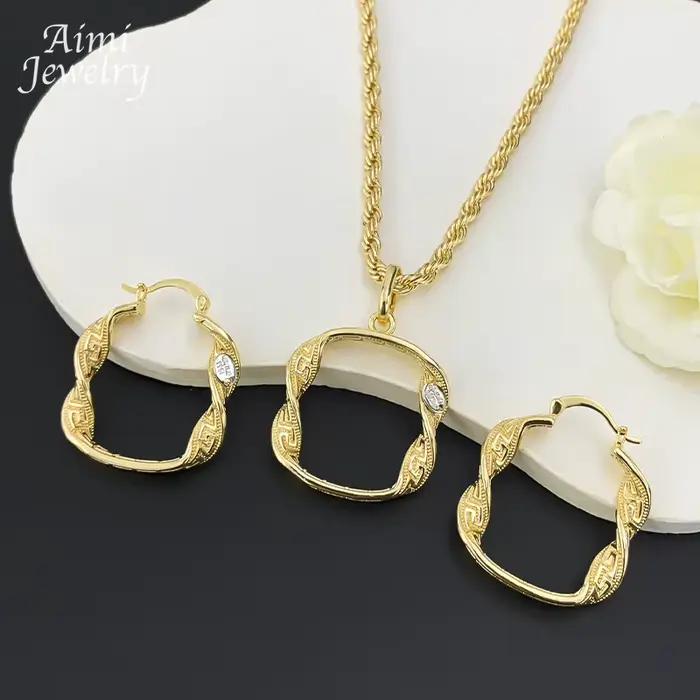 Ensemble de bijoux plaqués or 18 carats pour femmes, carré exquis, Simple, dubaï, gros cerceau, boucles d'oreilles, collier, cadeaux de fête de mariage