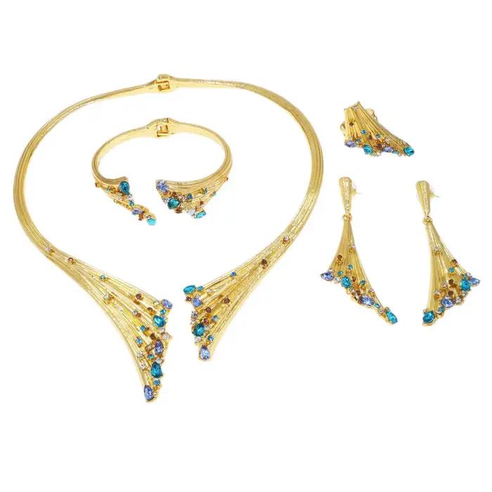 Ensemble de bijoux plaqués or SYHOL collier de luxe en pierre bleue bracelet bague pour femmes occasions spéciales mariage anniversaire