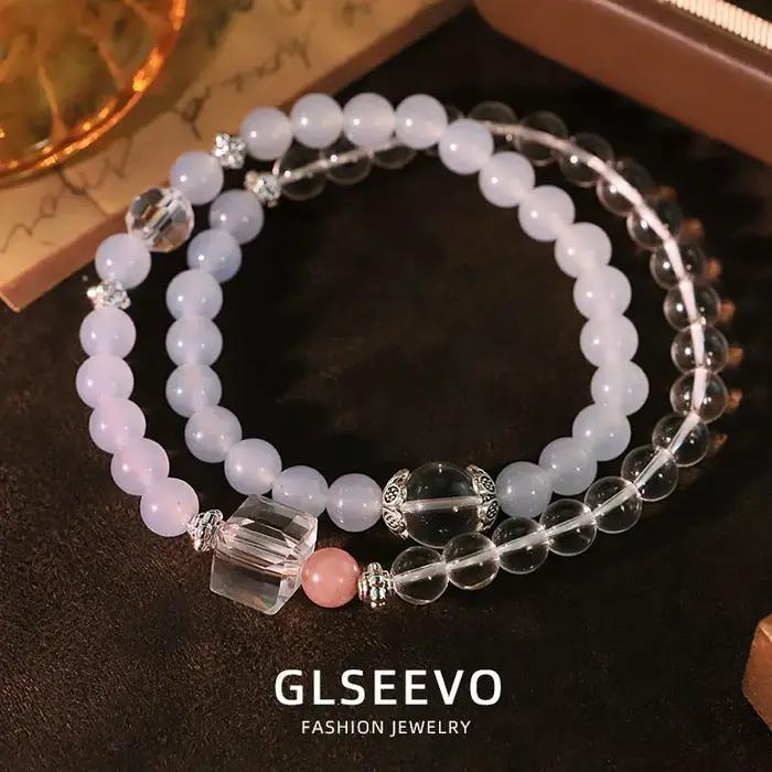 Bracelet Double cercle en Quartz Rose bleu mer