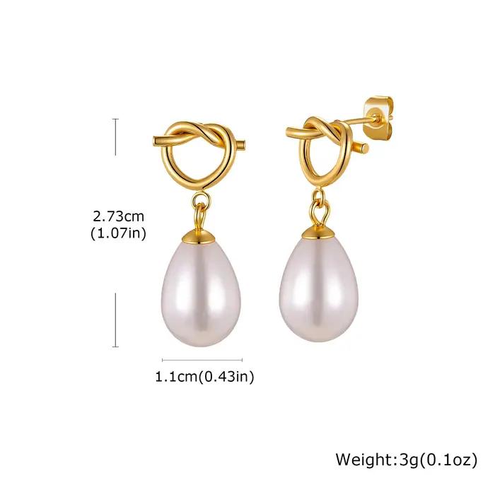 Boucles d'oreilles pendantes avec perle en forme de goutte et nœud, en acier inoxydable plaqué or 18 carats, bijoux étanches et anti-ternissement, cadeau idéal pour les fêtes