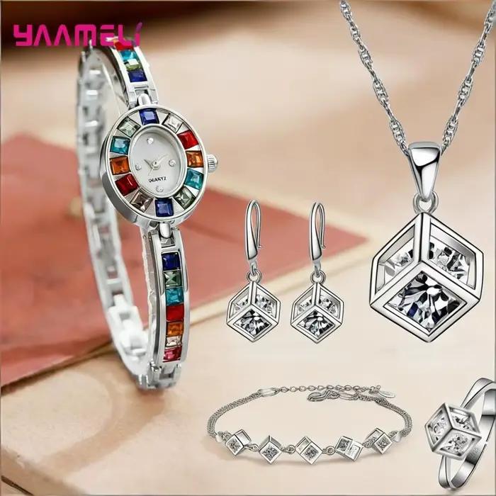 Ensemble de bijoux de luxe en argent sterling 925 avec collier, boucles d'oreilles et montre en cristal de zircon géométrique pour femmes et hommes, idéal pour les fiançailles, les fêtes et comme cade