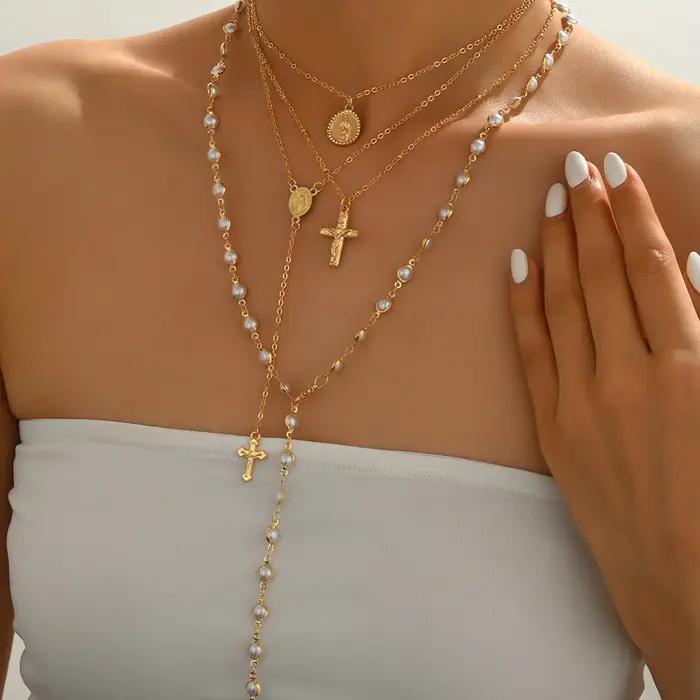Collier vintage superposé en Y pour femme, imitation perle, croix, médaille Vierge Marie, strass, papillon, bijoux religieux multicolores