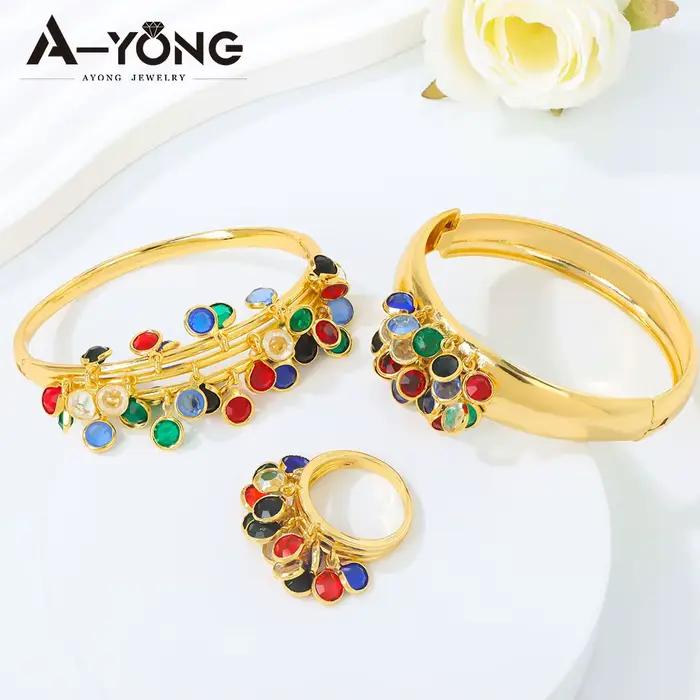 Parure de bijoux de mariage musulmane arabe plaqué or 21 carats avec zircone colorée, bracelets et bague, bijoux exotiques vintage pour femmes algériennes